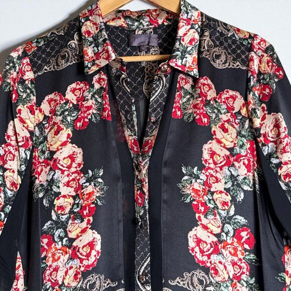 Hale Bob Silk Floral Blouse Black Red Rose Baroque Print Button Down Top Size M - Picture 4 of 7